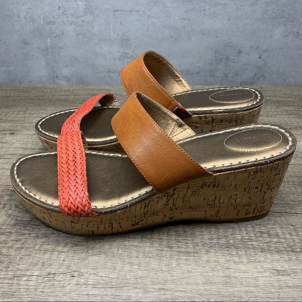 Lands End Mid Wedge Sandals Cork Heel Brown Sz 11B